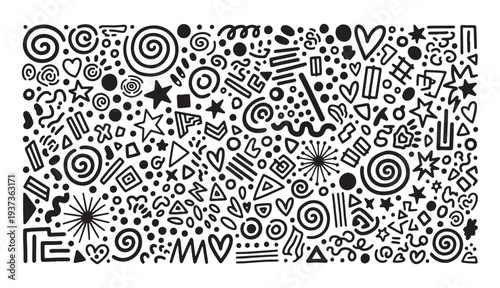Creative hand drawn doodle background featuring a wide variety of black ink symbols and abstract shapes on white