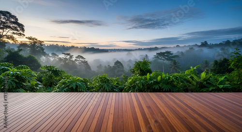 Misty jungle canopy at sunrise with wooden deck foreground serene tropical landscape view