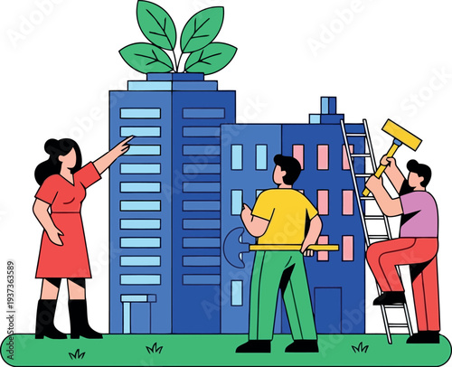 People painting a building with a plant on top