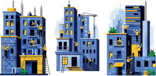 Vibrant cityscape with blue and yellow buildings