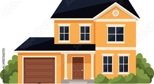 A two story yellow house with a black roof and brown garage door