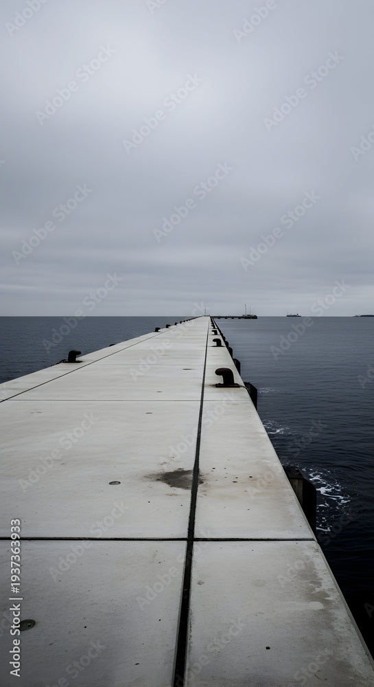 Fototapeta premium A long concrete pier stretches out into the vast dark ocean under a cloudy sky creating a sense of solitude and endless journey
