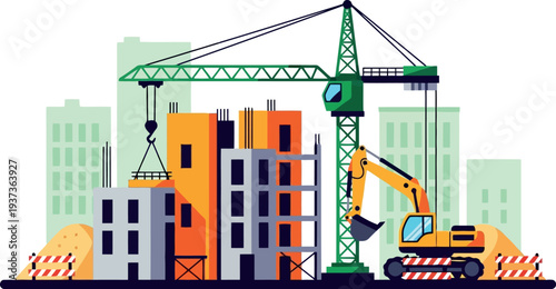 Construction site with crane and excavator