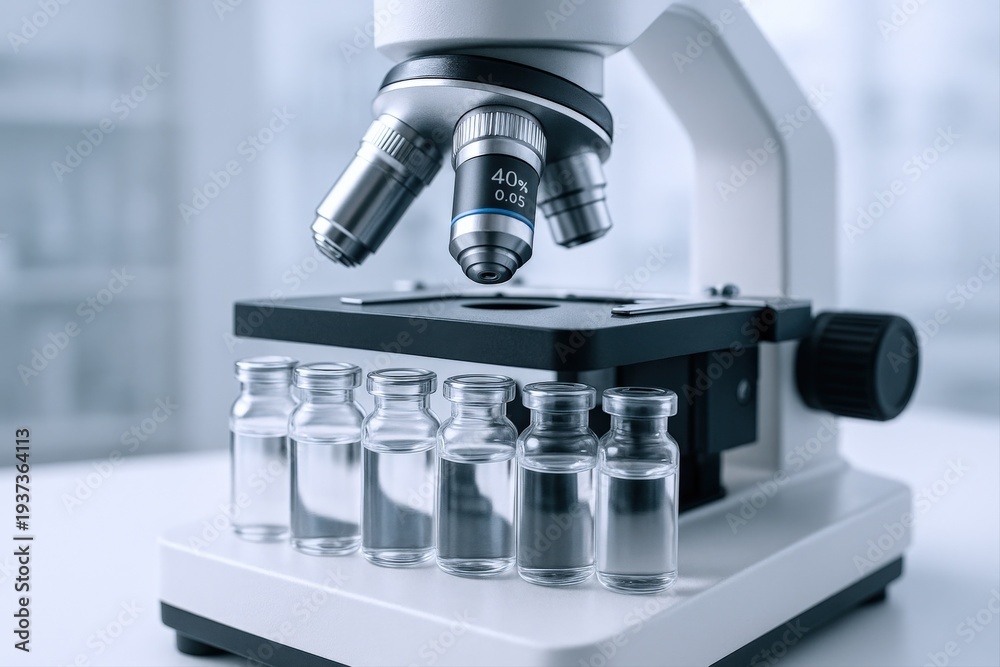 Fototapeta premium Microscope Analyzing Liquid Samples: Scientific Research and Development in Medical, Chemical, and Pharmaceutical Industries