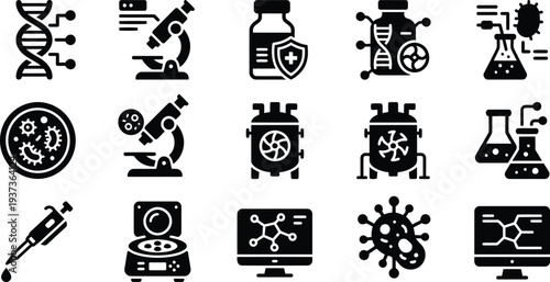 Biotechnology and Medical Research Glyph Icon Set – DNA, Lab Equipment, and Vaccine Vector Symbols