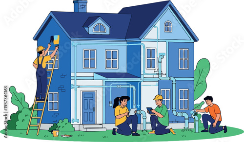 House exterior painting and renovation with happy family