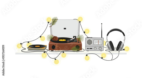 A vintage record player, a silver radio, and black headphones are arranged on a white shelf, adorned with a string of glowing yellow lights and natural pinecone decorations.
