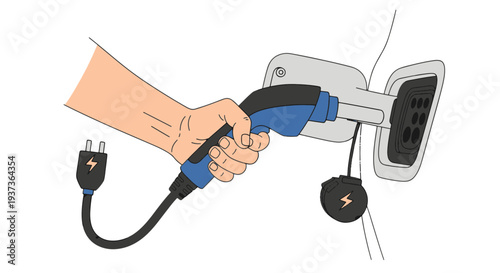 Persons Hand Connecting Electric Vehicle Charging Cable into Car Port for Sustainable Power