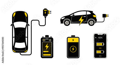 Electric Vehicles and Battery Charging Concept with Various Devices and Percentage Display