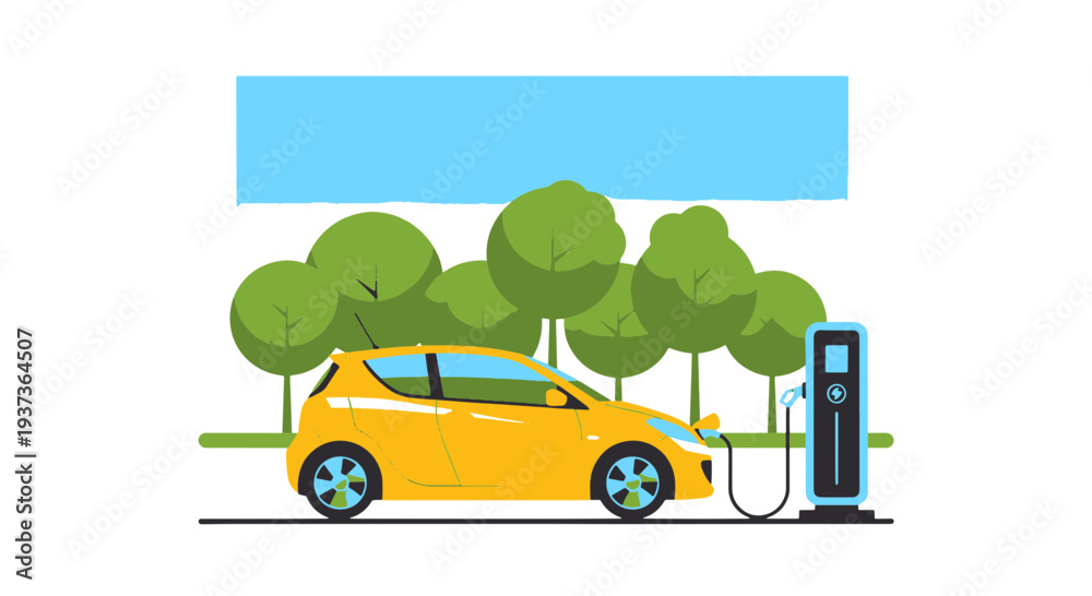Naklejka premium Yellow Electric Car Charging at Outdoor Station with Green Trees Symbolizing Modern Sustainable Energy