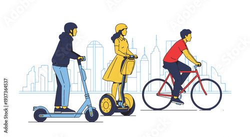 People Riding Electric Scooter Segway and Bicycle as Eco friendly Urban Transportation with Skyline