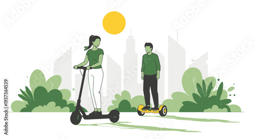 Young People Enjoying Eco friendly Personal Electric Transport Devices in a Modern Green City Environment