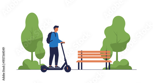 Stylish Man Riding Electric Scooter Through a Modern Park Enjoying Sustainable Urban Transportation