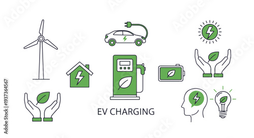 Electric Vehicle Charging Station Icons with Green Energy Concept Symbols and Renewable Power Sources