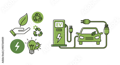Green Energy Concepts with Electric Car Charging Station and Sustainable Ecology Symbols Design