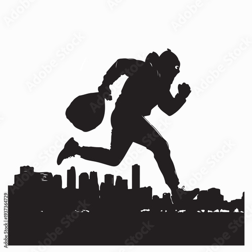 Criminal Stealing Money Bag Running Vector Silhouette Illustration
