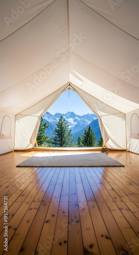 Luxurious Glamping Tent Interior Opening to Majestic Mountain Vista and Evergreen Forest Scenery