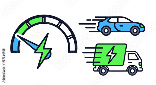 Electric Vehicle Power Meter Displaying Charge Level Speeding Car and Fast Electric Delivery Truck