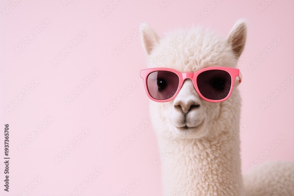 Naklejka premium Cool Alpaca Portrait with Pink Sunglasses Against a Pink Background, Animal Humor, Funny