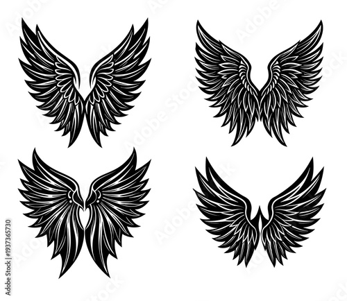 Set of four distinct black and white of feathered angel wings arranged in a two-by-two grid on a white background each pair of wings displaying unique feather detailing and symmetrical emblems or