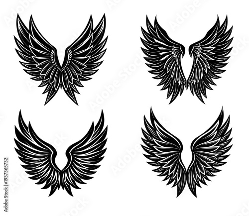 Set of four distinct black and white of feathered angel wings arranged in a two-by-two grid on a white background each pair of wings displaying unique feather detailing and symmetrical emblems or
