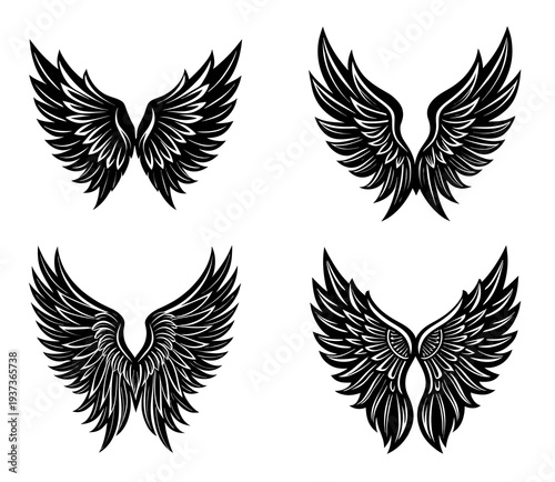 Collection of four distinct black and white detailed angel wing presented in a four-quadrant grid layout against a clean white background each wing set intricate feather detailing and a