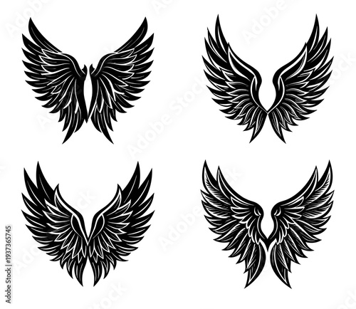 Collection of four distinct black and white detailed angel wing presented in a four-quadrant grid layout against a clean white background each wing set intricate feather detailing and a