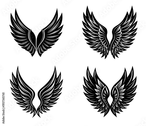 Four distinct pairs of black stylized angel wings rendered in a detailed illustrative style against a clean white background showcasing varied feather patterns and shapes and emblems