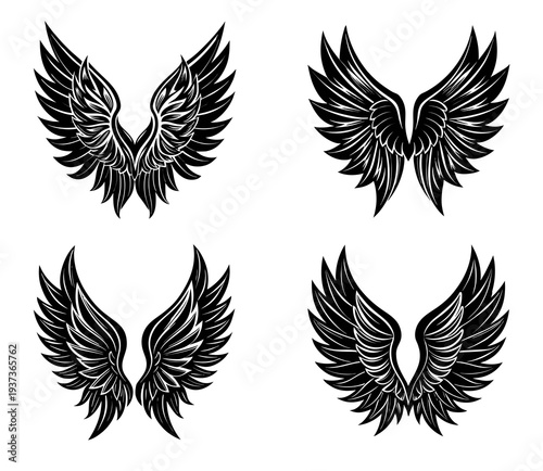 Collection of four distinct black and white detailed angel wing presented in a four-quadrant grid layout against a clean white background each wing set intricate feather detailing and a