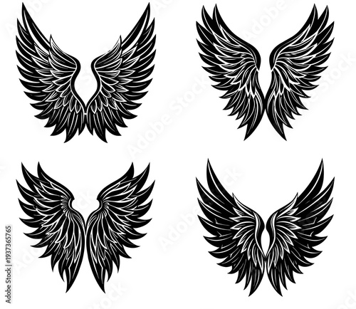 Four distinct pairs of black stylized angel wings rendered in a detailed illustrative style against a clean white background showcasing varied feather patterns and shapes and emblems