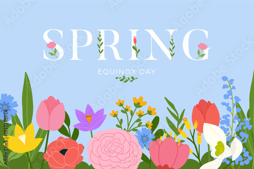 Spring equinox day floral banner with blooming flowers, leaves