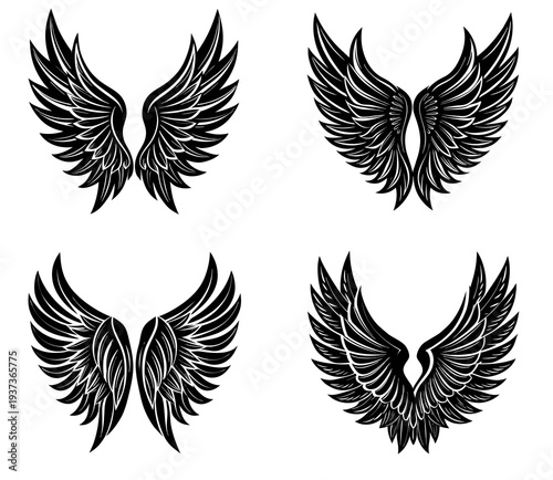 Four distinct pairs of black stylized angel wings rendered in a detailed illustrative style against a clean white background showcasing varied feather patterns and shapes and emblems