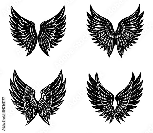 Four detailed black and white of stylized angel wings, each with unique feather patterns and sharp outlines, are arranged in a grid formation on a plain white background, applications Keywords