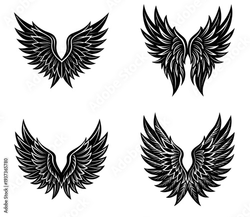 Collection of four distinct black and white stylized angel wing with detailed feather textures and sharp edges arranged in a two-by-two grid on a white background, and emblems Keywords: wings