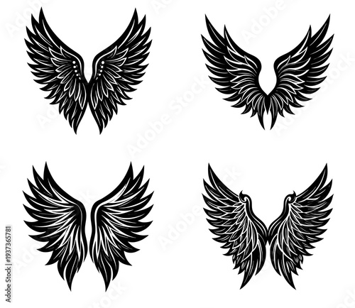 Four black and white stylized angel wing each showcasing distinct feather patterns and sharp outlines, are arranged in a grid on a white background, and emblem creation Keywords: wings, angel