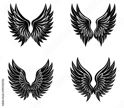 A set of four black and white featuring stylized angel wings with intricate feather detailing and bold outlines, arranged symmetrically in a four-panel grid on a white backdrop for versatile use