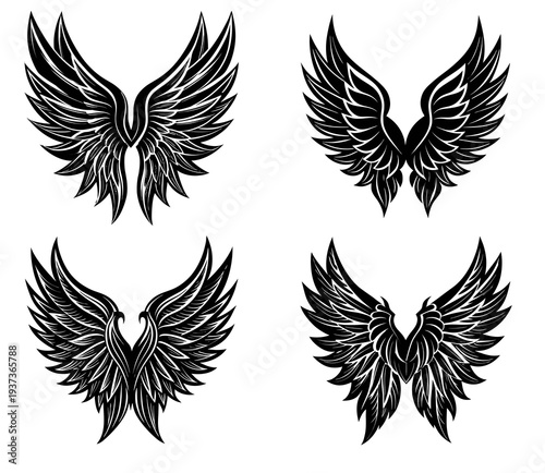 Four black stylized angel wing with detailed feather textures and sharp outlines are presented in a two-by-two grid on a white background, offering a collection of Keywords: wings, angel wings