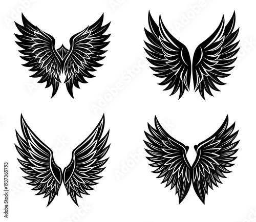 Four distinct black and white stylized angel wing are presented in a two-by-two grid against a clean white background each wing set intricate feather detailing and a symmetrical offering a variety