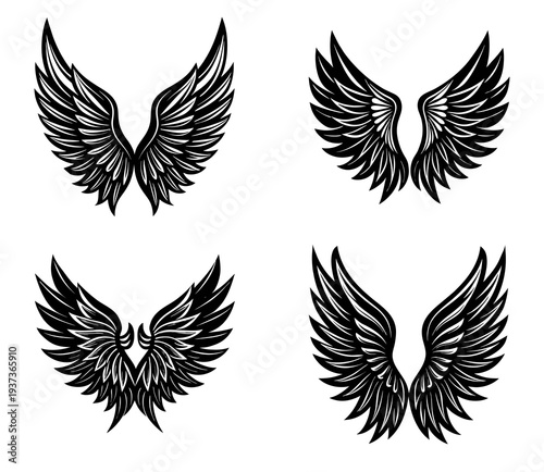 Collection of Four Stylized Black Angel Wings with Detailed Feather Textures and Sharp Edges Arranged in a Two-by-Two Grid on a White Background for