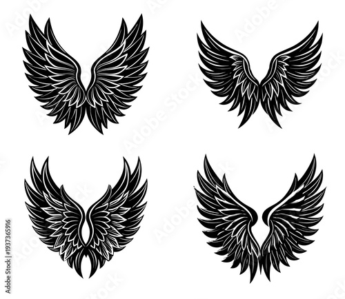 Collection of Four Stylized Black Angel Wings with Detailed Feather Textures and Sharp Edges Arranged in a Two-by-Two Grid on a White Background for