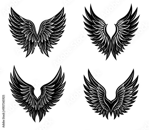 Collection of Four Stylized Black Angel Wings with Detailed Feather Textures and Sharp Edges Arranged in a Two-by-Two Grid on a White Background for