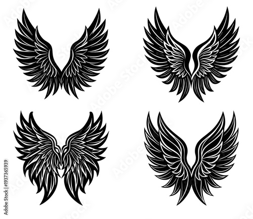 Collection of Four Stylized Black Angel Wings with Detailed Feather Textures and Sharp Edges Arranged in a Two-by-Two Grid on a White Background for