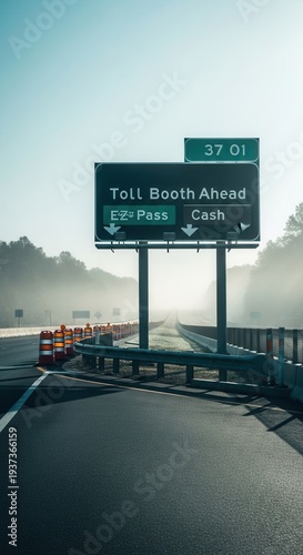 Roadside Signage Directing Traffic Towards Toll Booth Ahead On A Misty Highway Destination