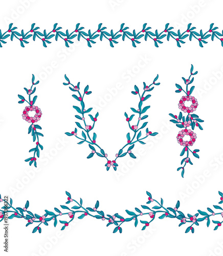  Vignettes, border ornaments, with floral motif, cranberry,  red wildberries
