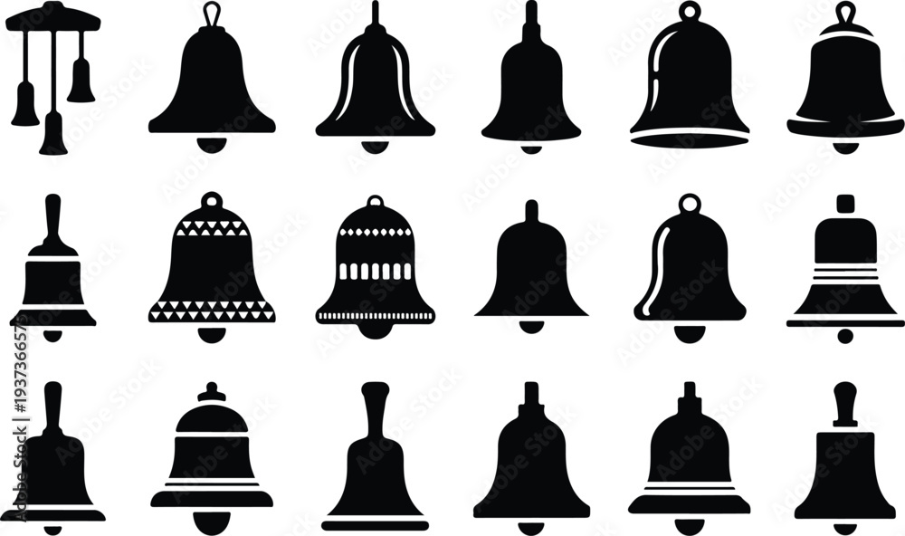 Obraz premium Bell Collection Silhouette Icon Set Classic Bell Typography Silhouette Icon Pack
