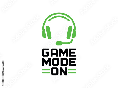 Gaming logo with green headset and Game Mode On text on white background