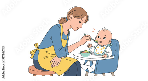 A caring mother, wearing a yellow apron, is seated on a stool and tenderly feeding a baby in a blue high chair with a spoon from a green bowl.