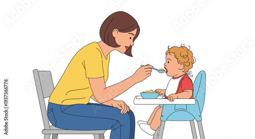 A woman in a yellow t-shirt is seated on a grey chair, carefully feeding a curly-haired toddler in a light blue high chair with a spoon from a blue bowl.