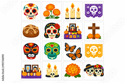 Day of the Dead Celebration: Traditional Mexican Altar and Calavera Icons