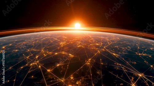 Planet Earth from space at night showing glowing orange city lights network across dark surface with bright sunrise on horizon